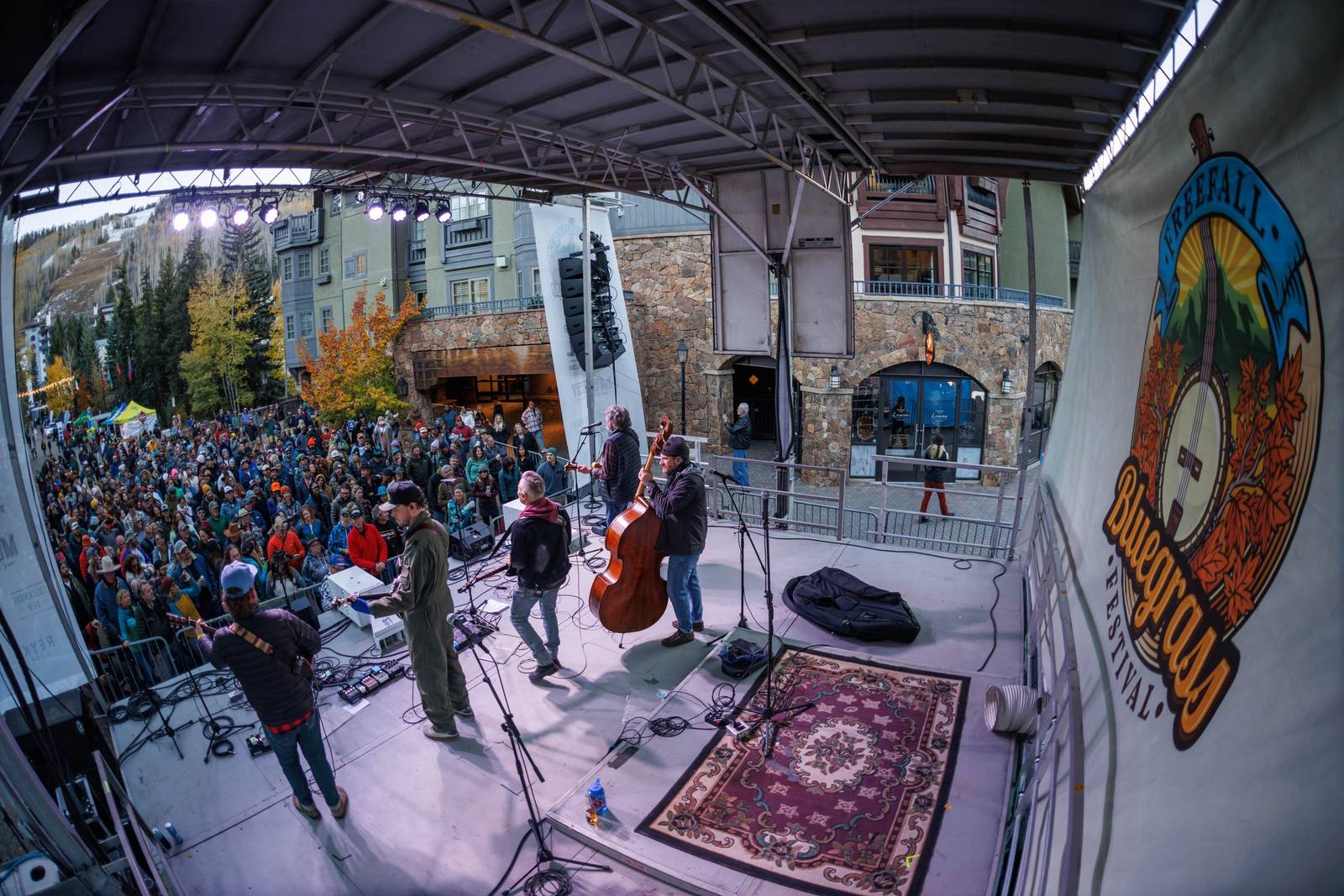 A band performs on the FreeFall Bluegrass Festival stage before a crowd. The festival wraps its inaugural three-day Avon run at Harry A. Nottingham Park on Sunday.