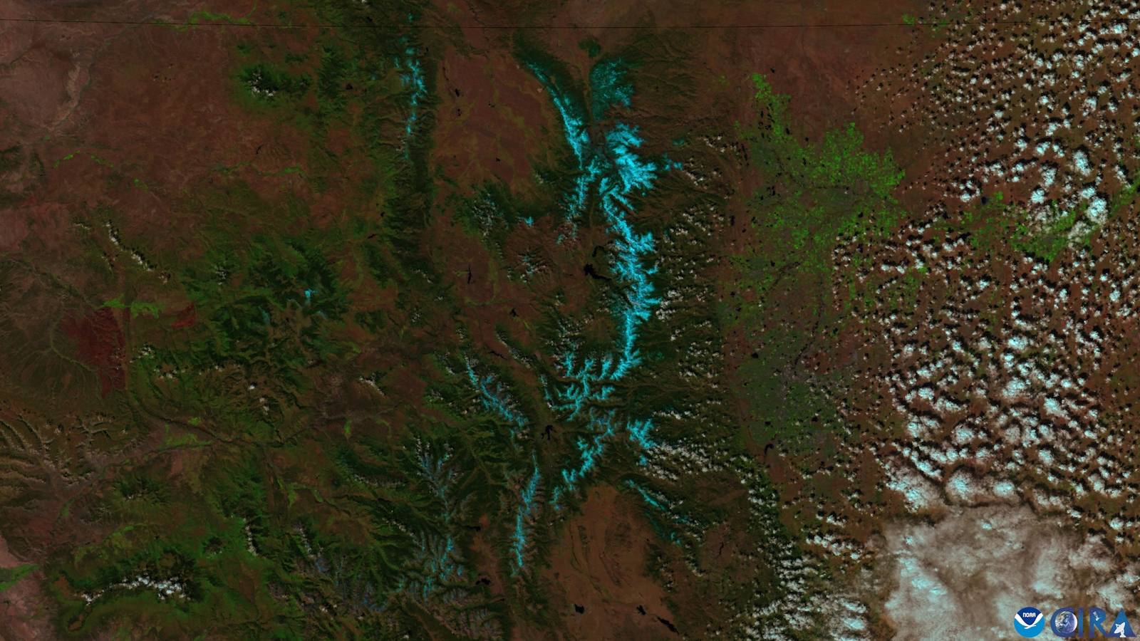 A NOAA satellite view of autumn snowfall across the Colorado Rockies on Sept. 24, 2025.