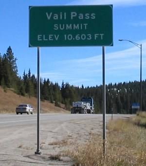 The Vail Pass summit sign on I-70.