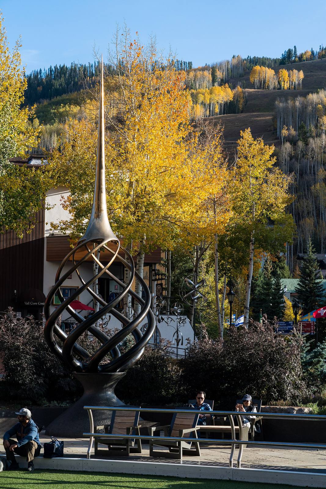 Downtown Vail in autumn, with public art in Vail Village.