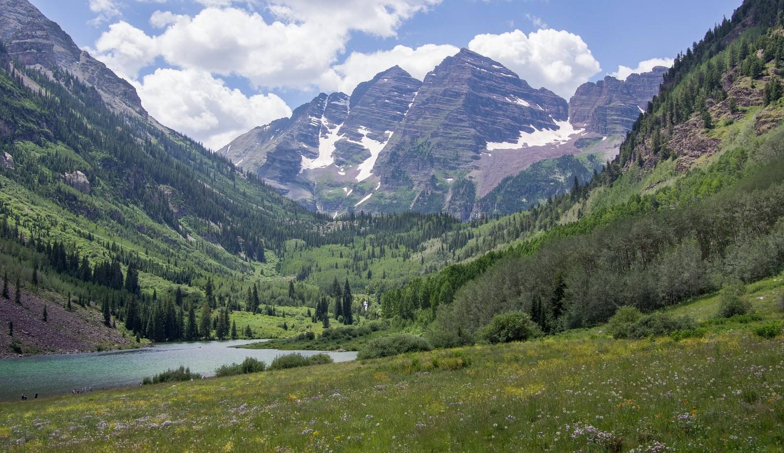 The Maroon Bells above Crater Lake in the White River National Forest.